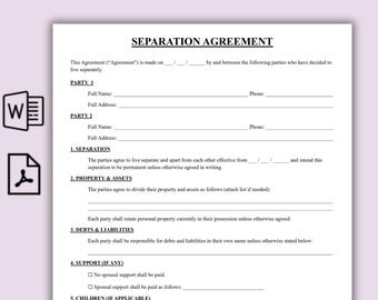 Modelo de acuerdo de separación, acuerdo matrimonial simple, contrato de división de bienes, formulario imprimible de custodia de menores para parejas (PDF)