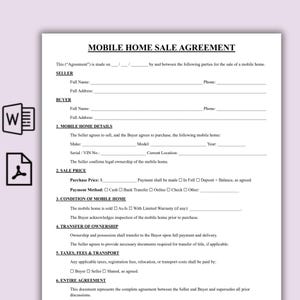 Mobile Home Sale Agreement Template, Manufactured Home Bill of Sale, One Page Mobile Home Bill of Sale Form, Printable Real Estate Sale