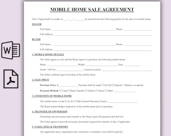 Modelo de contrato de compraventa de casas móviles, contrato de compraventa de casas prefabricadas, formulario de contrato de compraventa de casas móviles de una página, formulario imprimible para venta de inmuebles.