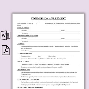 Commission Agreement Template, Editable Employee Contract, Sales Broker Commission Form, | Simple Independent Agent Pay Plan