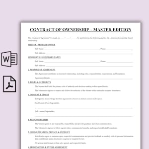 May include: A printed document titled "CONTRACT OF OWNERSHIP - MASTER EDITION" with fillable fields for names, addresses, and phone numbers. The document outlines roles, responsibilities, and limits within a structured relationship. Includes sections on consent, communication, and termination.