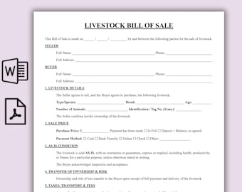 Modello di atto di vendita di bestiame stampabile, contratto di acquisto di bestiame, modulo di atto di vendita di animali, ricevuta di vendita di bovini, mucche, capre, pecore, maiali e cavalli