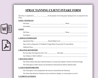 Plantilla de formulario de admisión de clientes para bronceado con spray simple, formulario de consentimiento para bronceado con spray imprimible, exención de responsabilidad para negocios de bronceado, admisión de salón de belleza