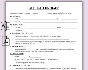 Contrato de techado de una página, plantilla sencilla, formulario personalizable, contrato de servicio, contrato de trabajo de techado