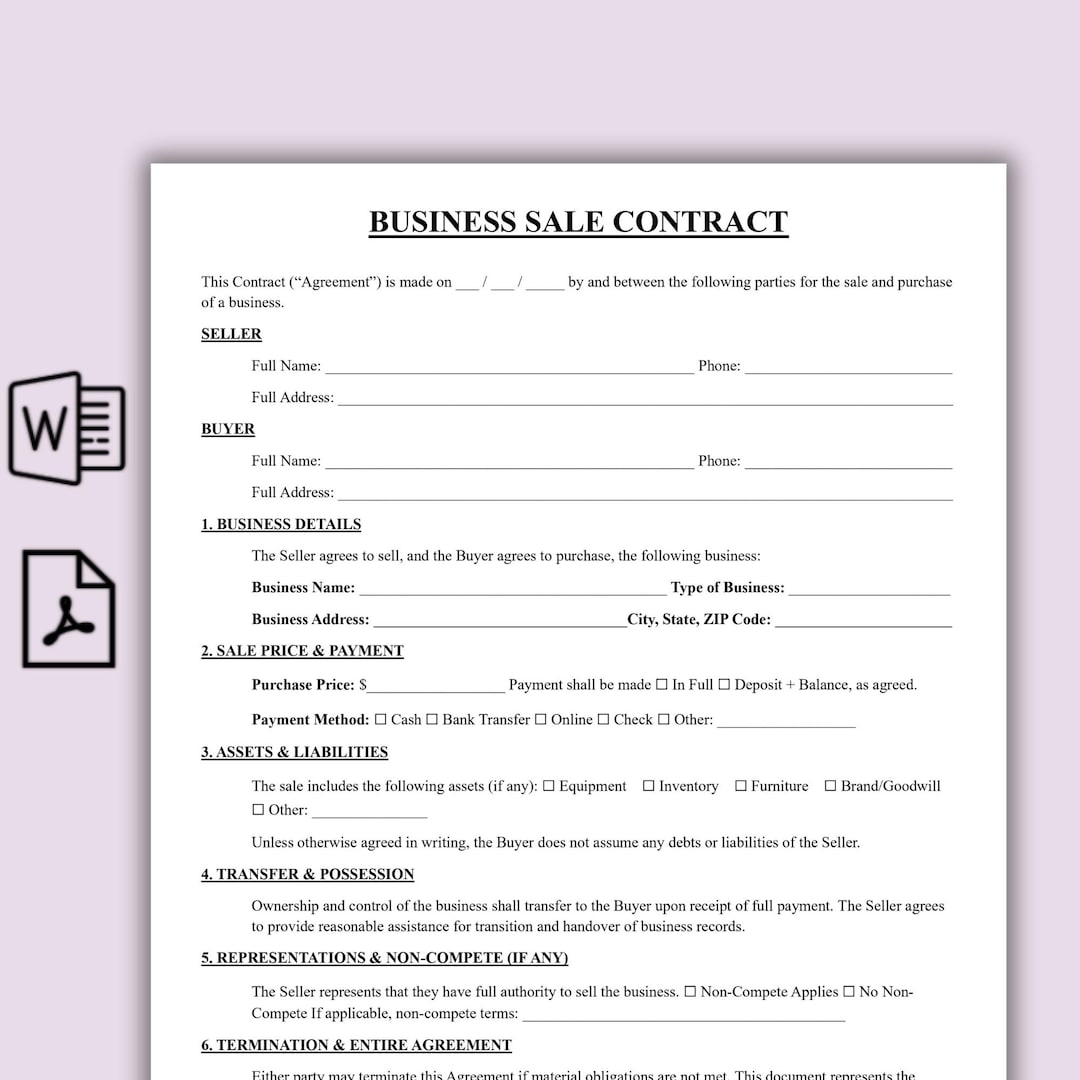 Buy Editable Business Sale Contract Template, One Page Business
