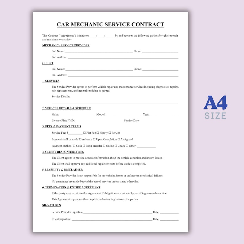 Car Mechanic Service Contract Template, One Page Vehicle Repair ...