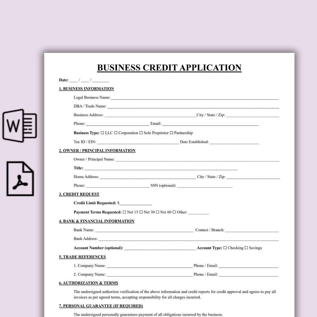 Business Credit Application Template, One Page Credit Request Form ...