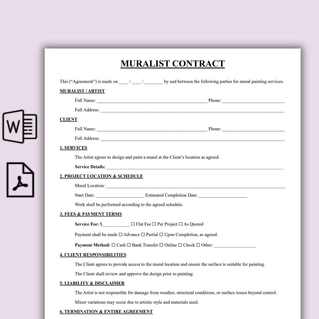 Muralist Contract Template, Printable Mural Agreement Form, Art ...