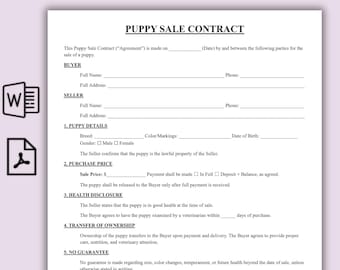 Printable Puppy Sale Contract, Editable Puppy Sale Contract Template, One page Puppy Purchase Agreement, Puppy Deposit Contract