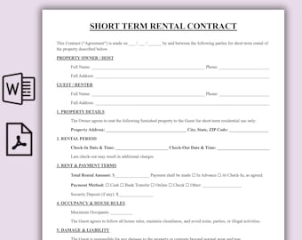 Editable Short Term Rental Contract, One Page Airbnb Contract Form Template, Printable Room Rental Services Agreement, Property Rental