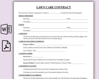 Modello di contratto personalizzabile per la cura del prato, contratto di cura del prato di una pagina, contratto di progettazione del paesaggio stampabile e digitale, contratto di cura del giardino