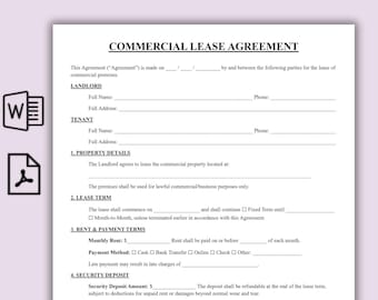 Plantilla editable de contrato de arrendamiento comercial, contrato de arrendamiento comercial de una página, contrato de arrendamiento de propiedad comercial imprimible, descarga instantánea en PDF.