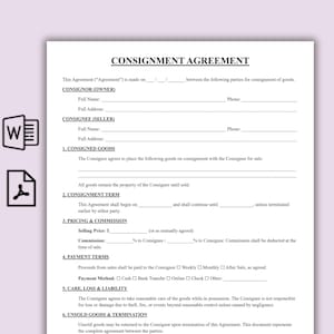 May include: A printed consignment agreement form, featuring sections for consignor and consignee details, consignment terms, pricing, commission, payment terms, and liability. The document is titled "CONSIGNMENT AGREEMENT".