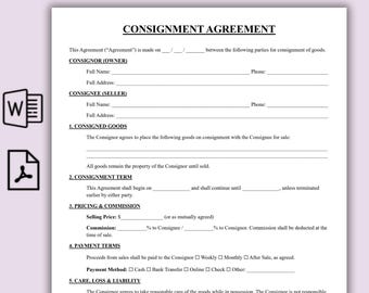 Contrato de consignación editable, plantilla de contrato de consignación de una página, formulario de consignación imprimible, contrato de revendedor (Word y PDF)