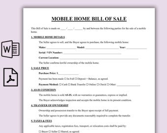 Factura de compraventa de casas móviles editable, plantilla de formulario de venta de casas prefabricadas, contrato de compraventa de propiedad imprimible, acuerdo de transferencia de título de remolque