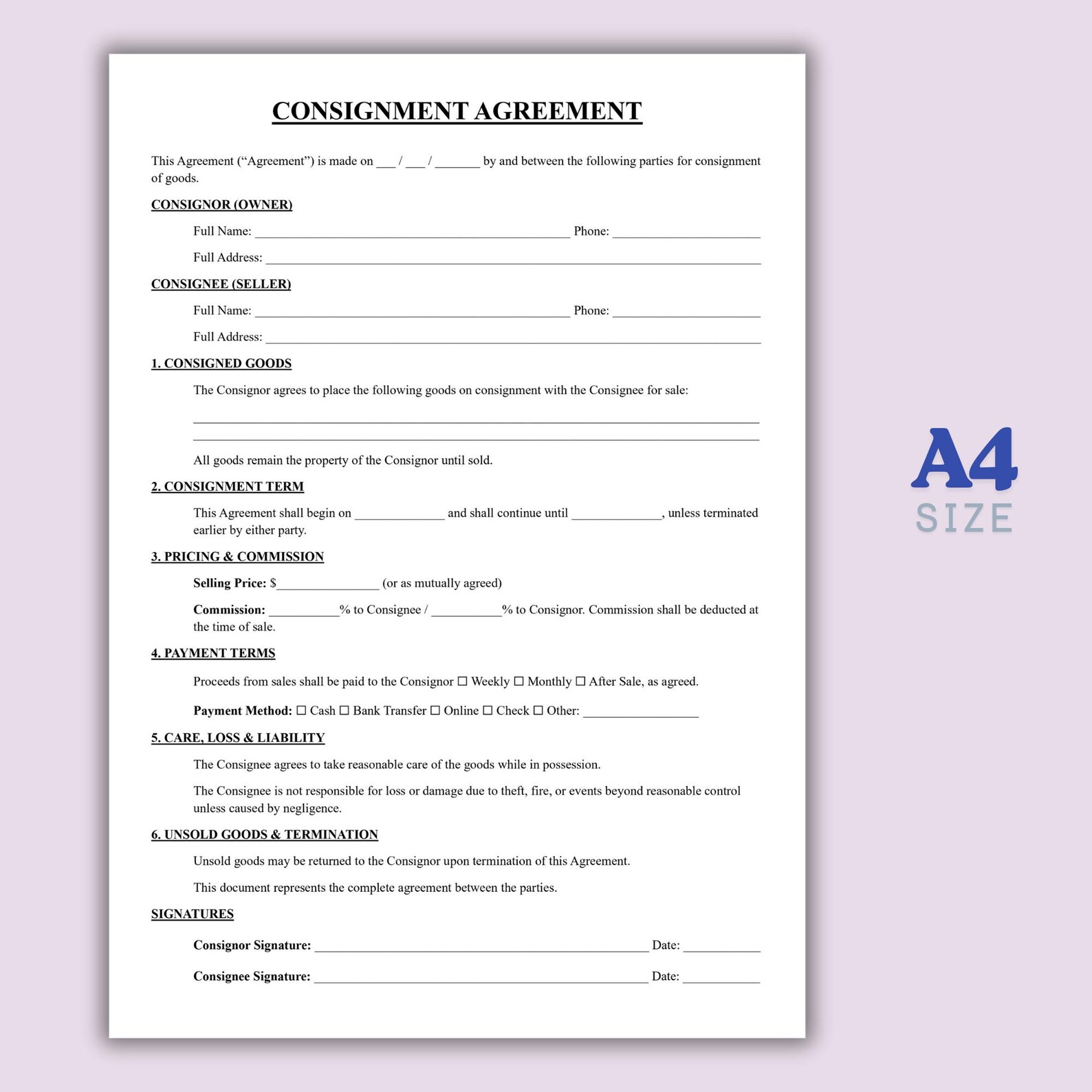 Buy Editable Consignment Agreement, One Page Consignment Contract Form ...