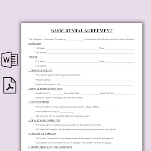 May include: A printed "Basic Rental Agreement" form with sections for landlord and tenant information, property details, rental terms, payment terms, and responsibilities. The document includes lines for signatures and dates.