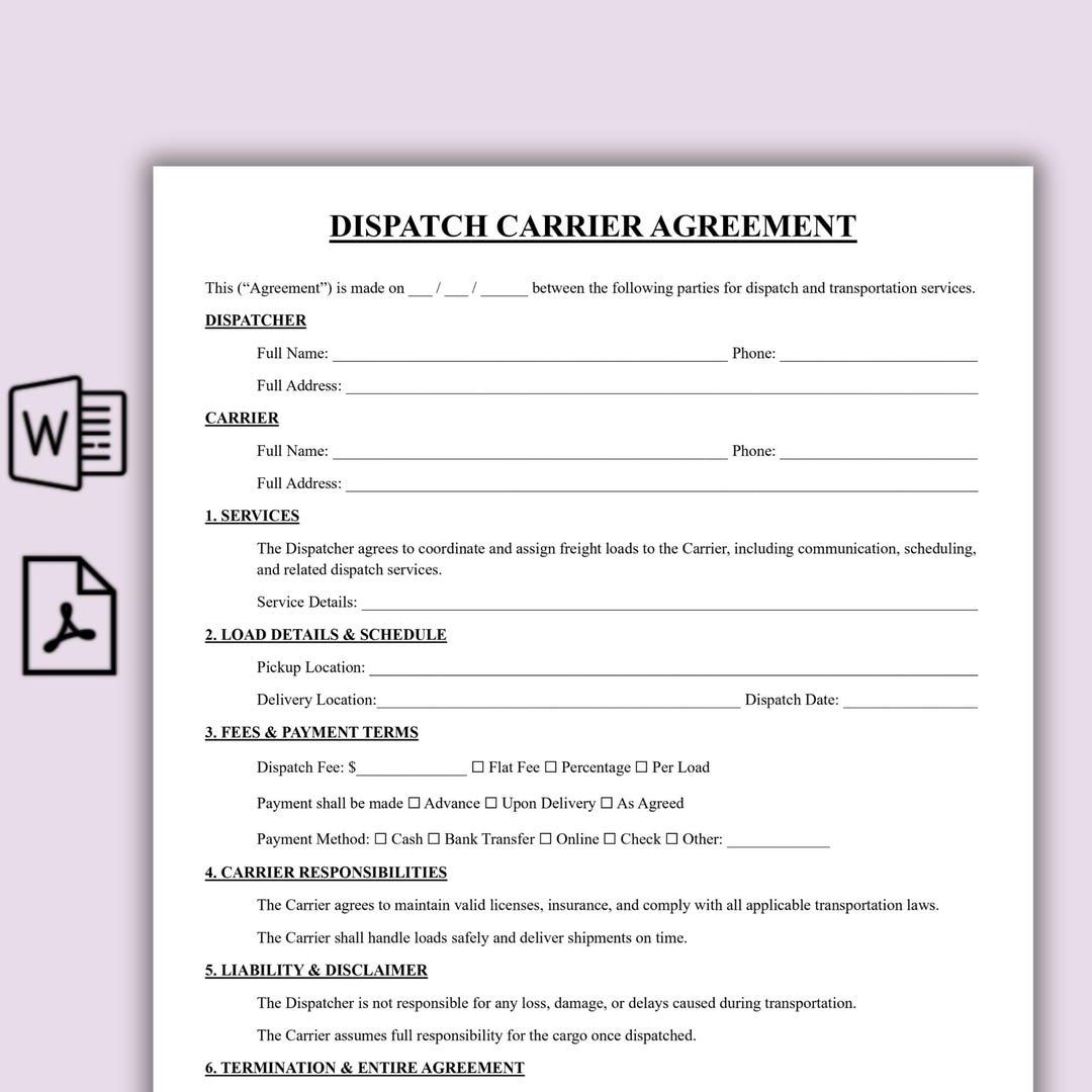 Dispatch Collection Form Simple Dispatch Carrier Agreement Template, Professional Carrier ...