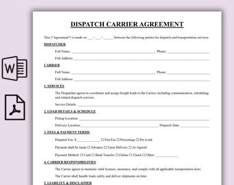 Plantilla de acuerdo simple para transportistas de despacho, formulario de servicio profesional de despacho de transportistas, contrato imprimible para transportistas de despacho, exención de responsabilidad para el despacho.