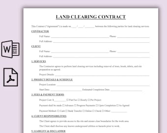 Plantilla de contrato simple para desmonte de terrenos, contrato de excavación y tala de árboles, formulario imprimible para construcción de desmonte de terrenos, exención de responsabilidad del contratista.