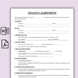 May include: A tenancy agreement document titled "TENANCY AGREEMENT". It features sections for landlord and tenant details, property information, rent terms, security deposit, and utilities. The document is printed on white paper.