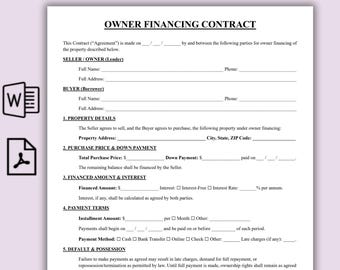 One Page Owner Financing Contract Template, Real Estate Sale Agreement, Promissory Note for Real Estate, DIY Land Contract, Printable PDF