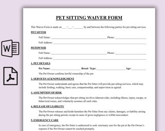 Plantilla de formulario de exención de responsabilidad por cuidado de mascotas, acuerdo de cuidado de mascotas de una página, formulario de consentimiento para el alojamiento de perros imprimible, exención de responsabilidad por cuidado de mascotas, editable
