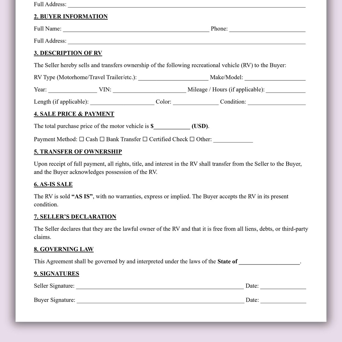 Ppl Rv Consignment Form RV Bill of Sale Template, One Page Recreational Vehicle Sale Contract ...