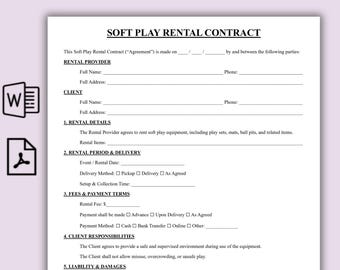 Plantilla sencilla de contrato de alquiler de juegos infantiles blandos, contrato de alquiler de equipos para fiestas imprimible en PDF, contrato de alquiler para fiestas infantiles, formularios comerciales para juegos infantiles blandos.
