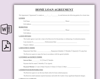 Plantilla editable de contrato de préstamo hipotecario, contrato de préstamo hipotecario de una página, formularios imprimibles de préstamo inmobiliario, contrato hipotecario, descarga instantánea