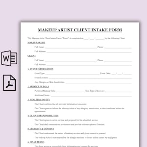 Peut inclure: Un formulaire blanc de prise en charge des clients maquilleurs avec du texte noir. Le formulaire comprend des sections pour les informations sur le client, les détails de l'événement, les préférences de service, la santé et la sécurité, les responsabilités du client, la responsabilité et le consentement.