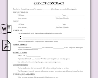 Contrato de servicio de una página, plantilla de acuerdo de servicio imprimible, contrato de cliente personalizable, descarga instantánea