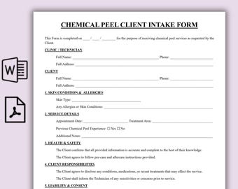 Simple Chemical Peel Client Intake Form Template, Chemical Peel Liability Waiver, Printable Facial Consent Forms, MedSpa Consultation