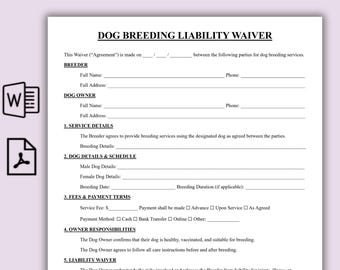 Modello di liberatoria di responsabilità per l'allevamento di cani in una pagina, accordo di allevamento di cani modificabile, modulo di consenso per l'allevamento di stalloni, modulo di allevamento di animali domestici stampabile