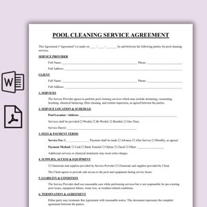 May include: A Pool Cleaning Service Agreement form with the title at the top. The document includes sections for service provider and client information, services, schedule, fees, supplies, liability, and termination. The form is on a white background.