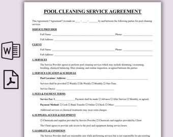 Modello di contratto per servizi di pulizia della piscina, modello di contratto per servizi di pulizia della piscina modificabile, modulo aziendale per servizi di pulizia della piscina di una pagina, stampabile