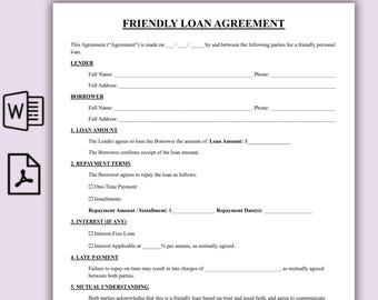 Contrato de préstamo sencillo y amigable, plantilla de contrato de préstamo de una página, pagaré imprimible y editable, contrato de préstamo personal (PDF)