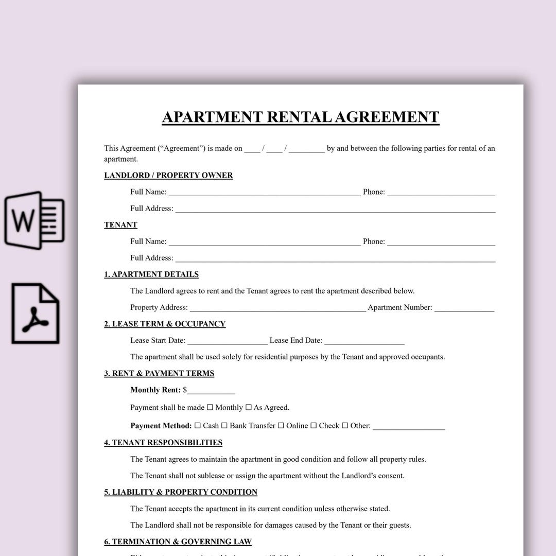 Editable Apartment Rental Agreement Template, Simple Apartment Lease ...