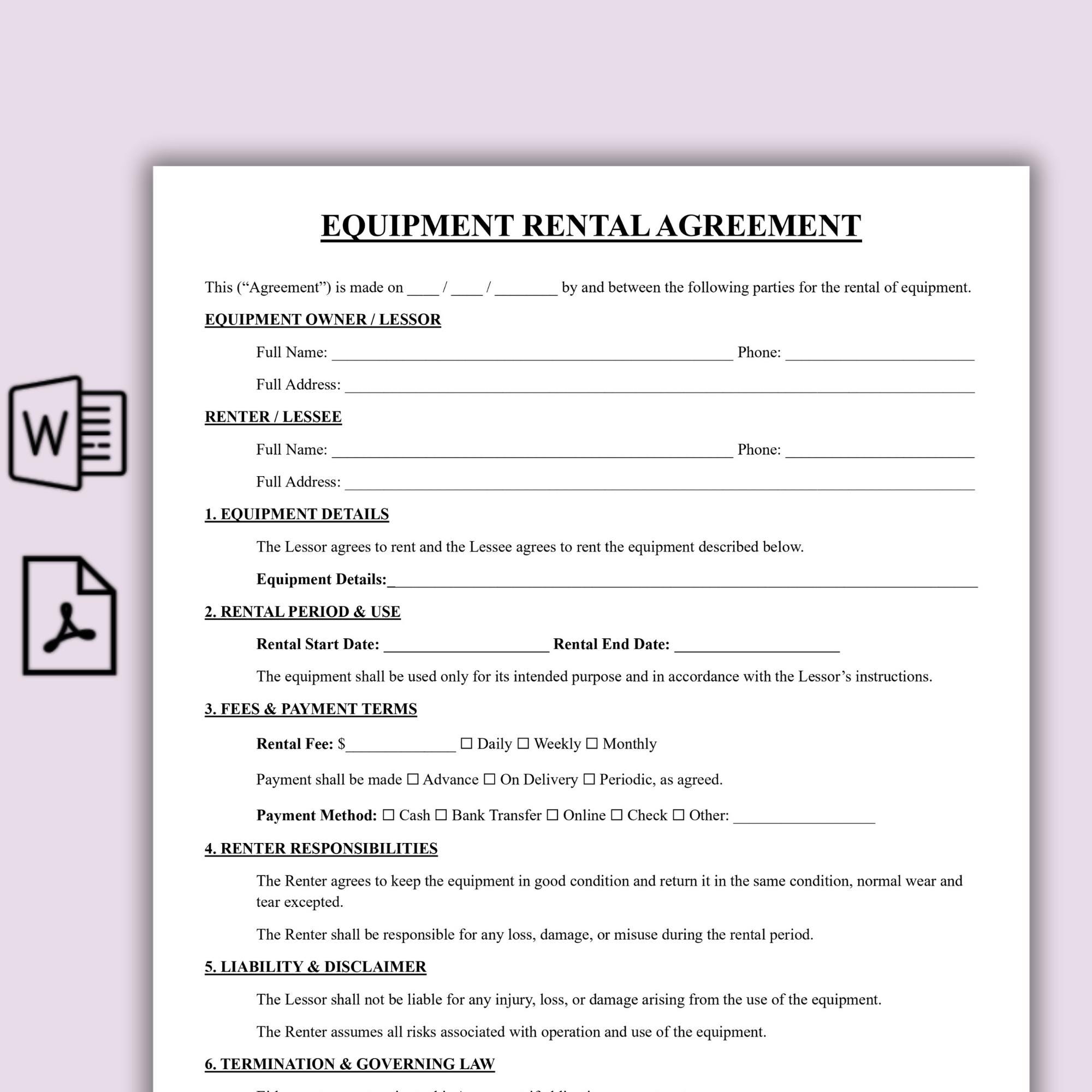 Editable Equipment Rental Agreement Template, Simple Equipment Lease ...
