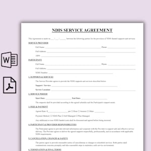Peut inclure: Un document NDIS SERVICE AGREEMENT blanc comprenant des sections pour les détails du prestataire de services et du participant, les supports et services, la période de service, les frais et paiements, les responsabilités et les conditions de résiliation.