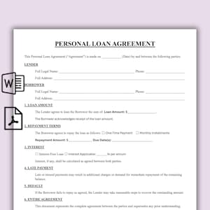 May include: A Personal Loan Agreement document with the title in bold, black text. The document includes sections for Lender and Borrower information, Loan Amount, Repayment Terms, Interest, Late Payment, Default, and Entire Agreement.