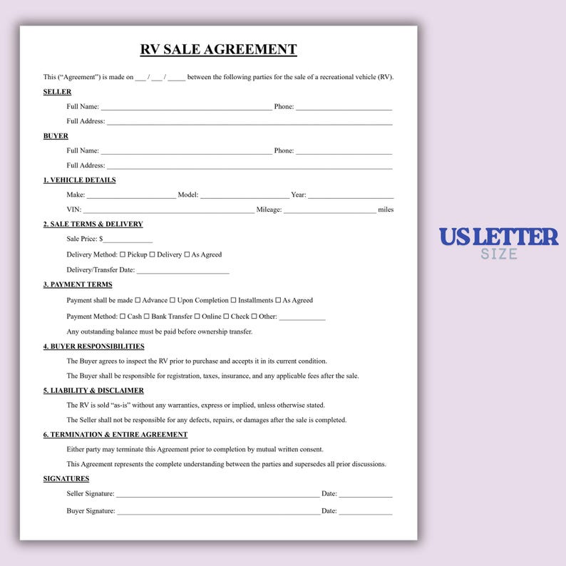 Printable RV Sale Agreement Template, One Page RV Purchase Contract PDF ...