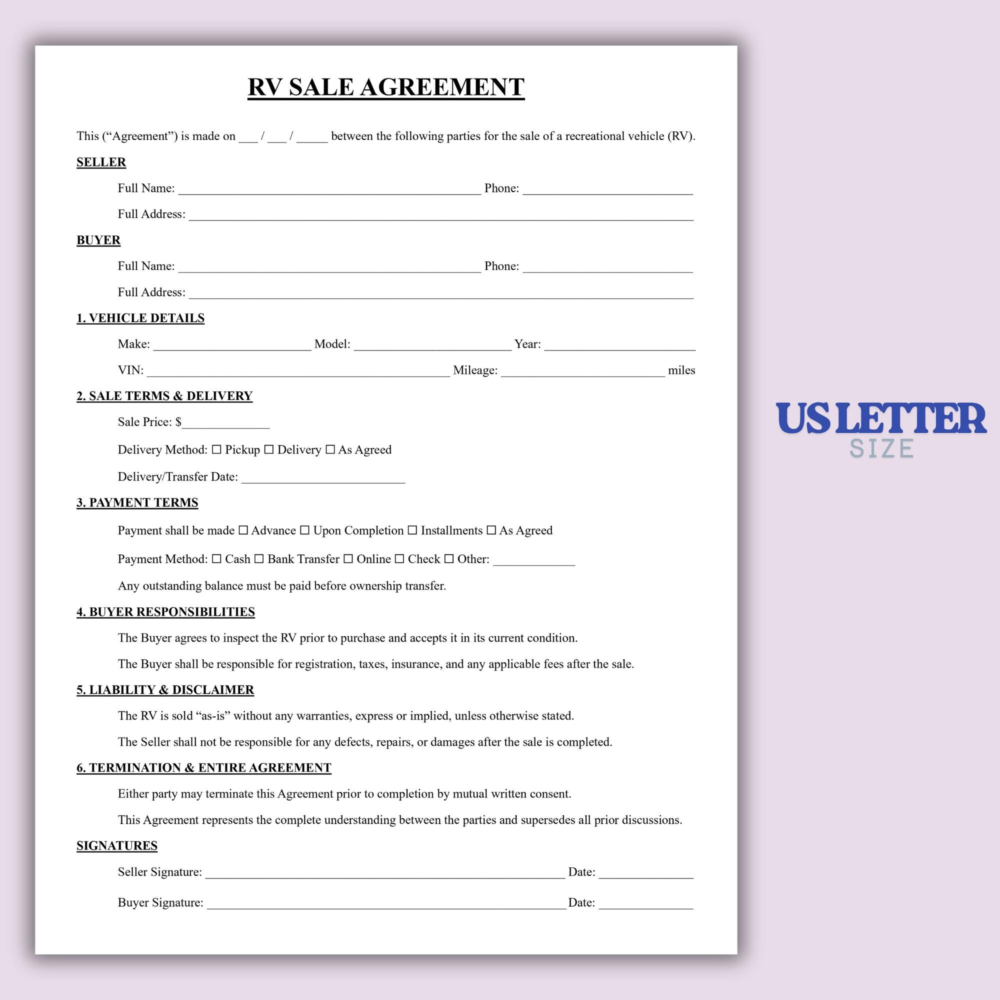 Ppl Rv Consignment Form Printable RV Sale Agreement Template, One Page RV Purchase Contract PDF ...