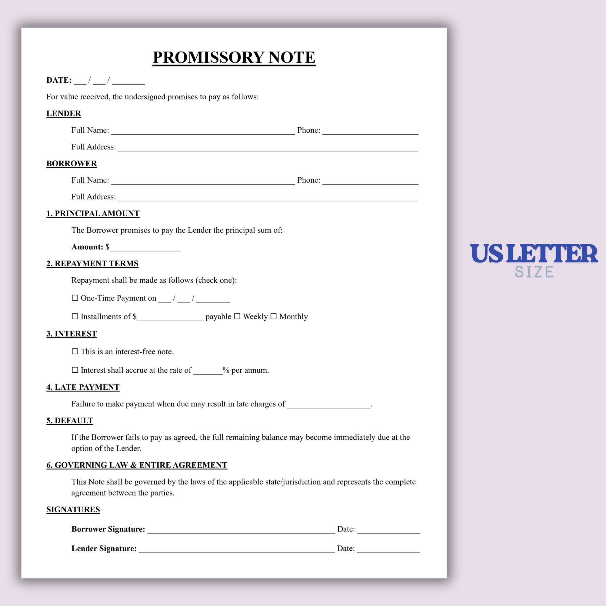 Promissory Note Template, Printable Personal Loan Agreement, Editable ...
