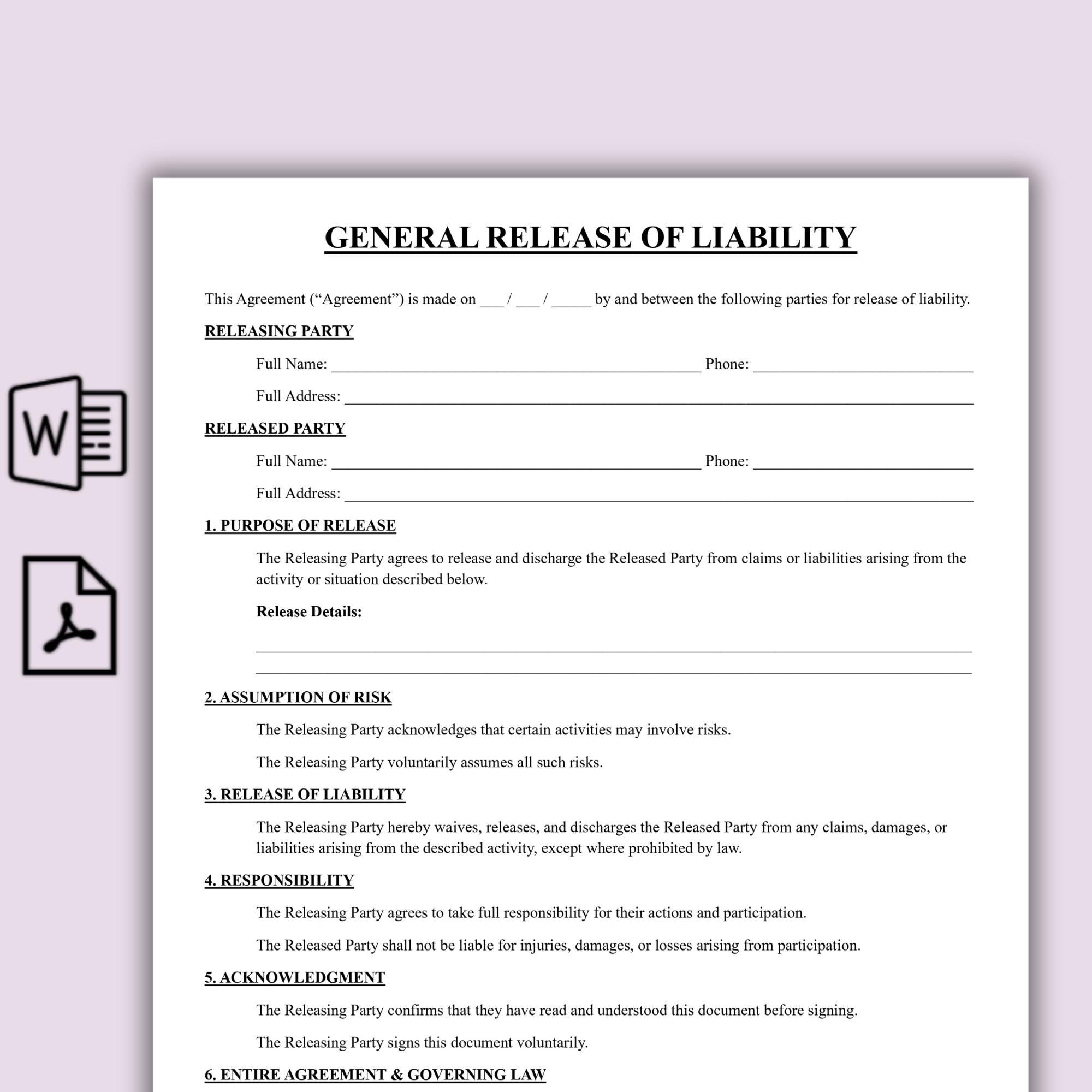 Editable General Release of Liability Template, One Page Liability ...