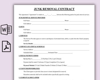 Modello di contratto semplice per la rimozione di rifiuti, contratto di servizio per la rimozione di rifiuti in formato PDF, termini di rimozione di rifiuti modificabili, modulo per la raccolta dei rifiuti stampabile
