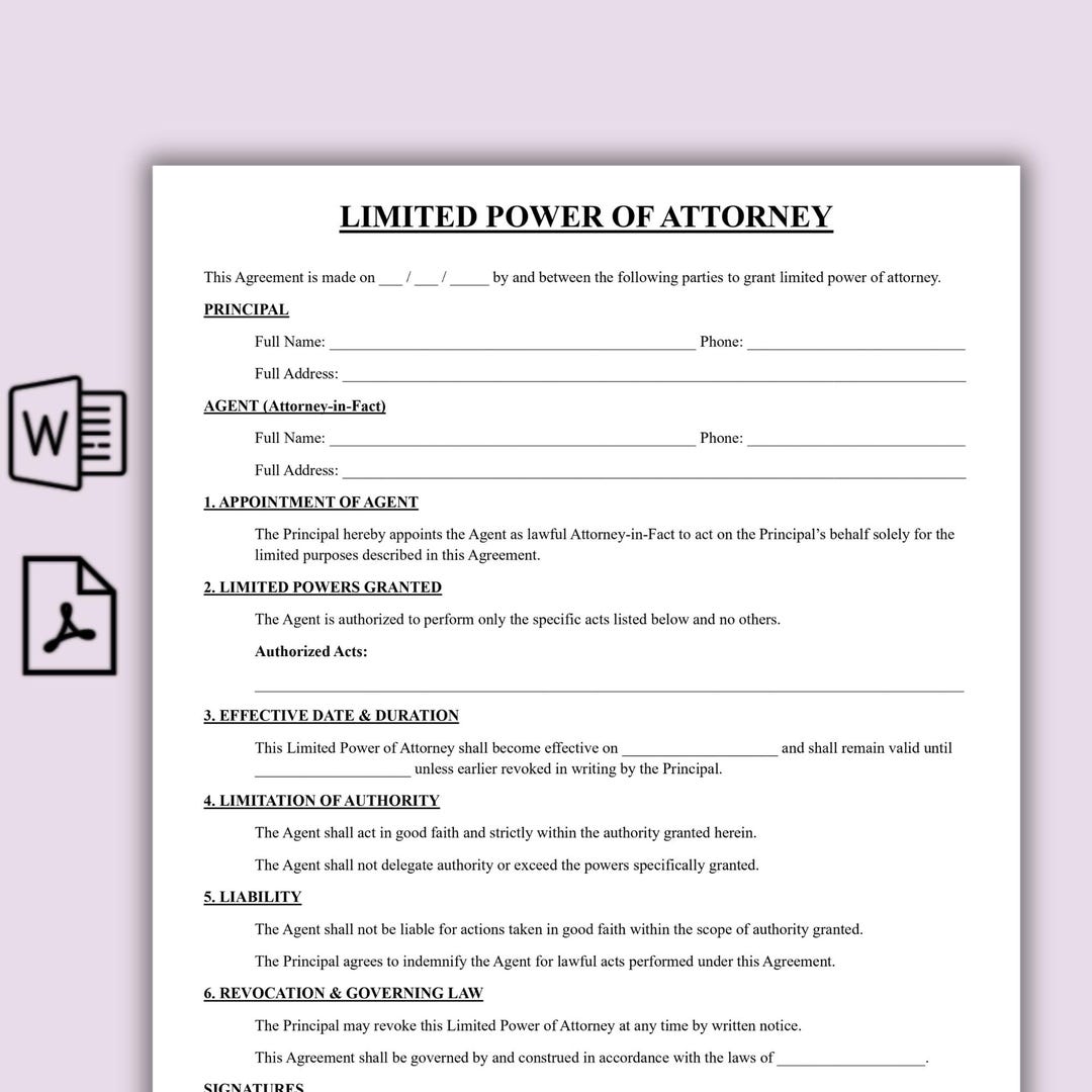 Editable Limited Power of Attorney, Printable POA Form Template ...