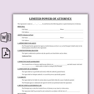 May include: A white document headed "LIMITED POWER OF ATTORNEY" with sections for principal and agent details. The document covers agent appointment, granted powers, effective date, and limitations of authority, with space for signatures.