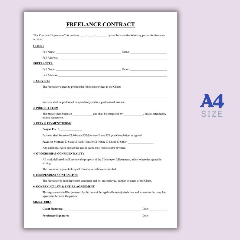 Freelance Contract Template, One Page Freelance Agreement Form ...
