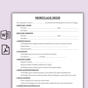 Könnte beinhalten: Ein gedrucktes Hypothekenurkundendokument mit Überschriften und auszufüllenden Feldern für Kreditgeber, Kreditnehmer, Immobiliendetails, Kreditdetails und Rückzahlungsbedingungen. Das Dokument enthält Abschnitte zu Verantwortlichkeiten, Verzug und geltendem Recht.